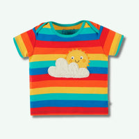 Colorful striped baby shirt with sun and cloud design on a white background