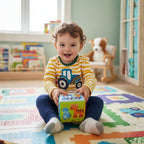 Child playing with a colorful cube in a playroom