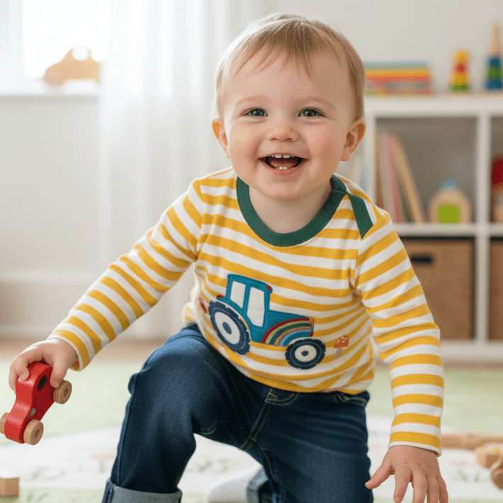 Child playing with a toy in a room with toys and a window in the background