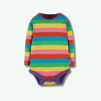 Colorful striped baby bodysuit on a white background