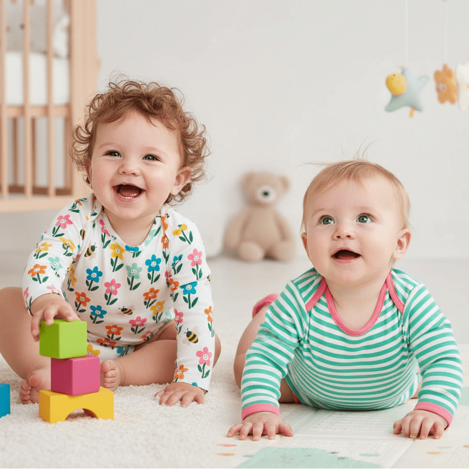 Two babies playing with colorful blocks in a nursery.