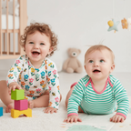 Two babies playing with colorful blocks in a nursery.