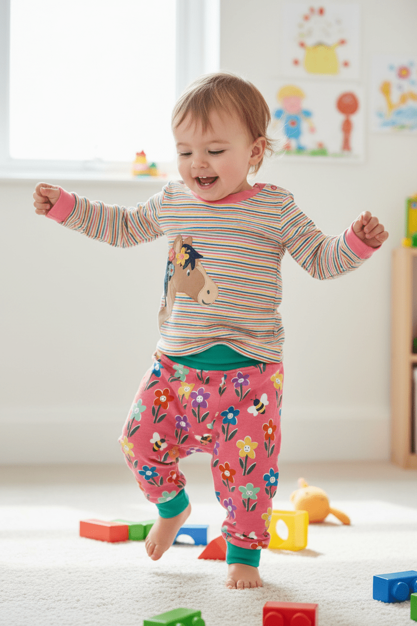 Child in colorful pajamas with a bear design, standing in a room with toys on the floor.