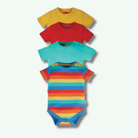 Four baby bodysuits in different colors on a white background