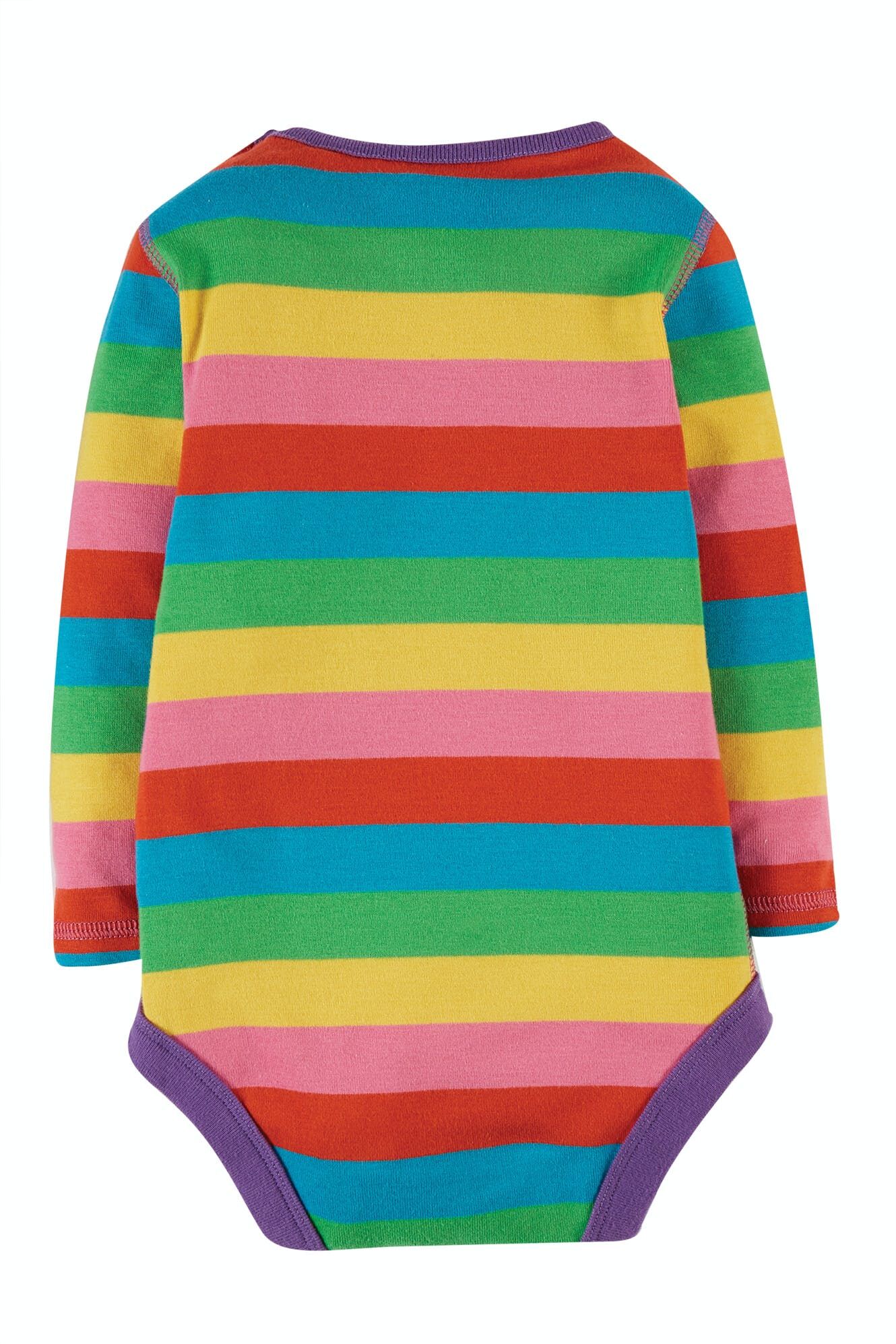 Colorful striped baby bodysuit on a white background