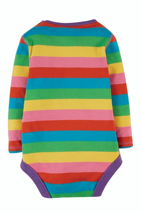 Colorful striped baby bodysuit on a white background