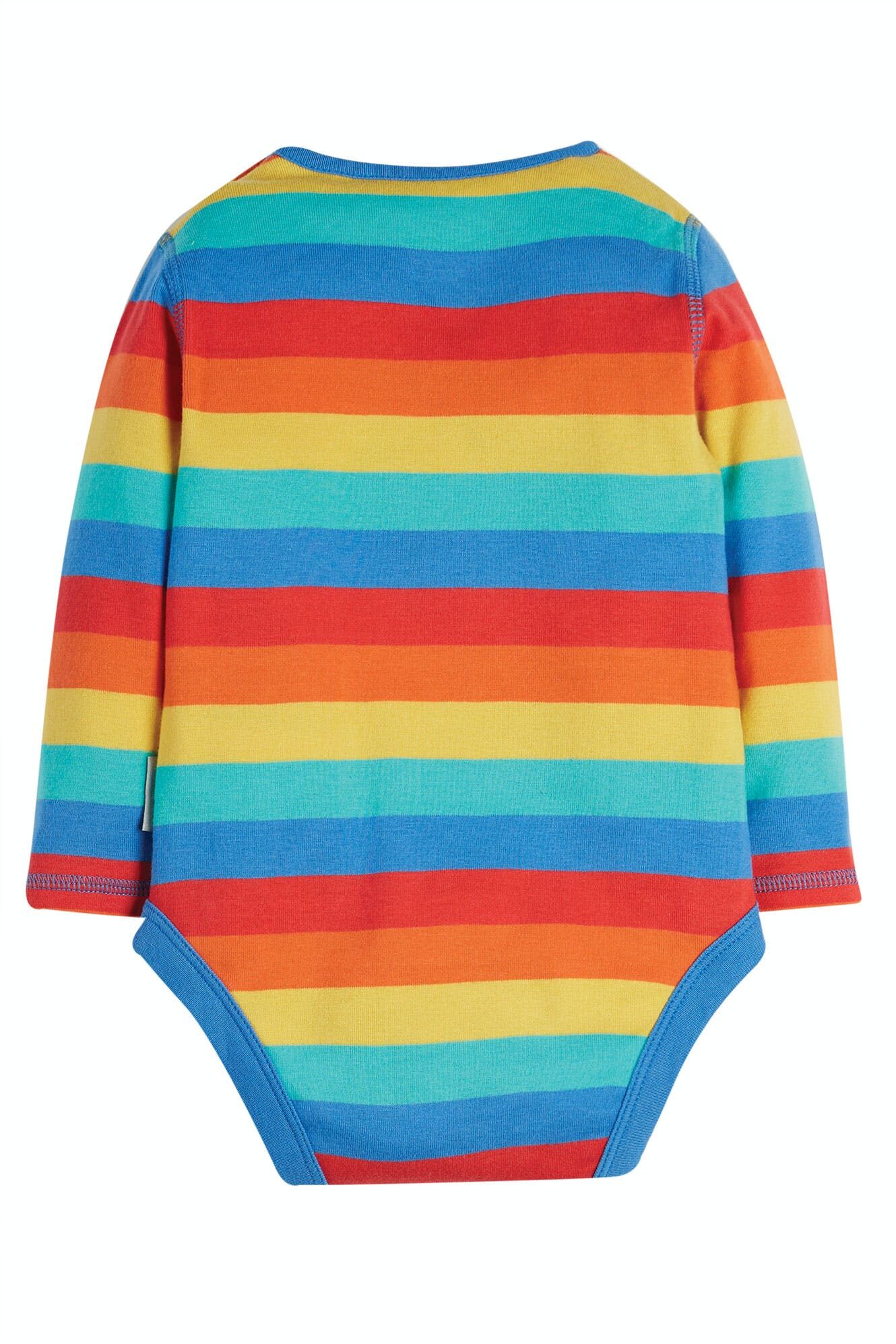 Colorful striped baby bodysuit on a white background