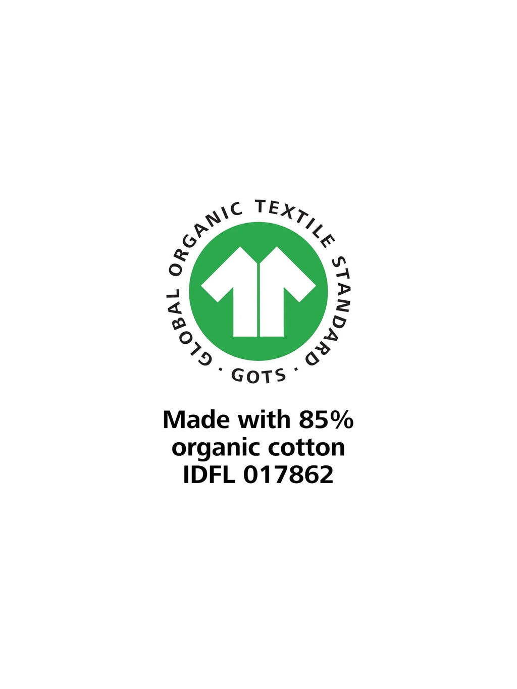 GOTS certification logo with text 'Made with 85% organic cotton' on a white background