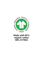 GOTS certification logo with text 'Made with 85% organic cotton' on a white background