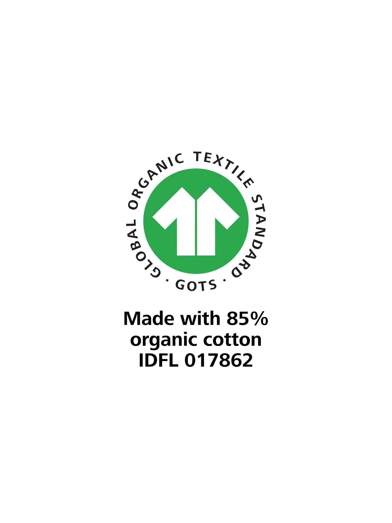 GOTS certification logo with text 'Made with 85% organic cotton' on a white background
