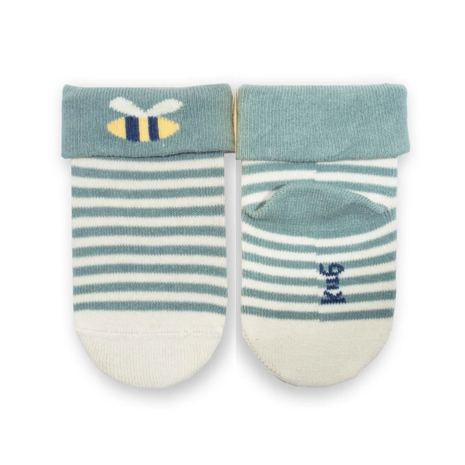 Pair of baby socks with striped pattern and bee design on a white background