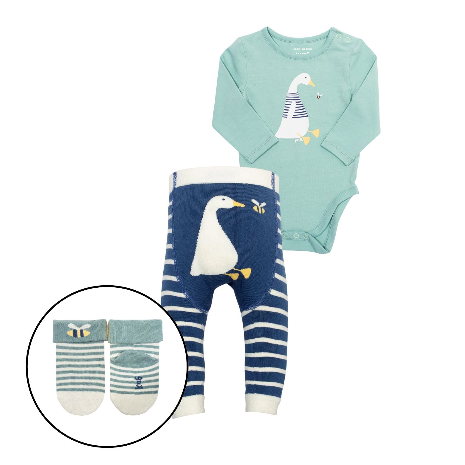 Baby outfit set with green long-sleeve shirt, navy striped pants, and socks featuring penguin design on a white background.