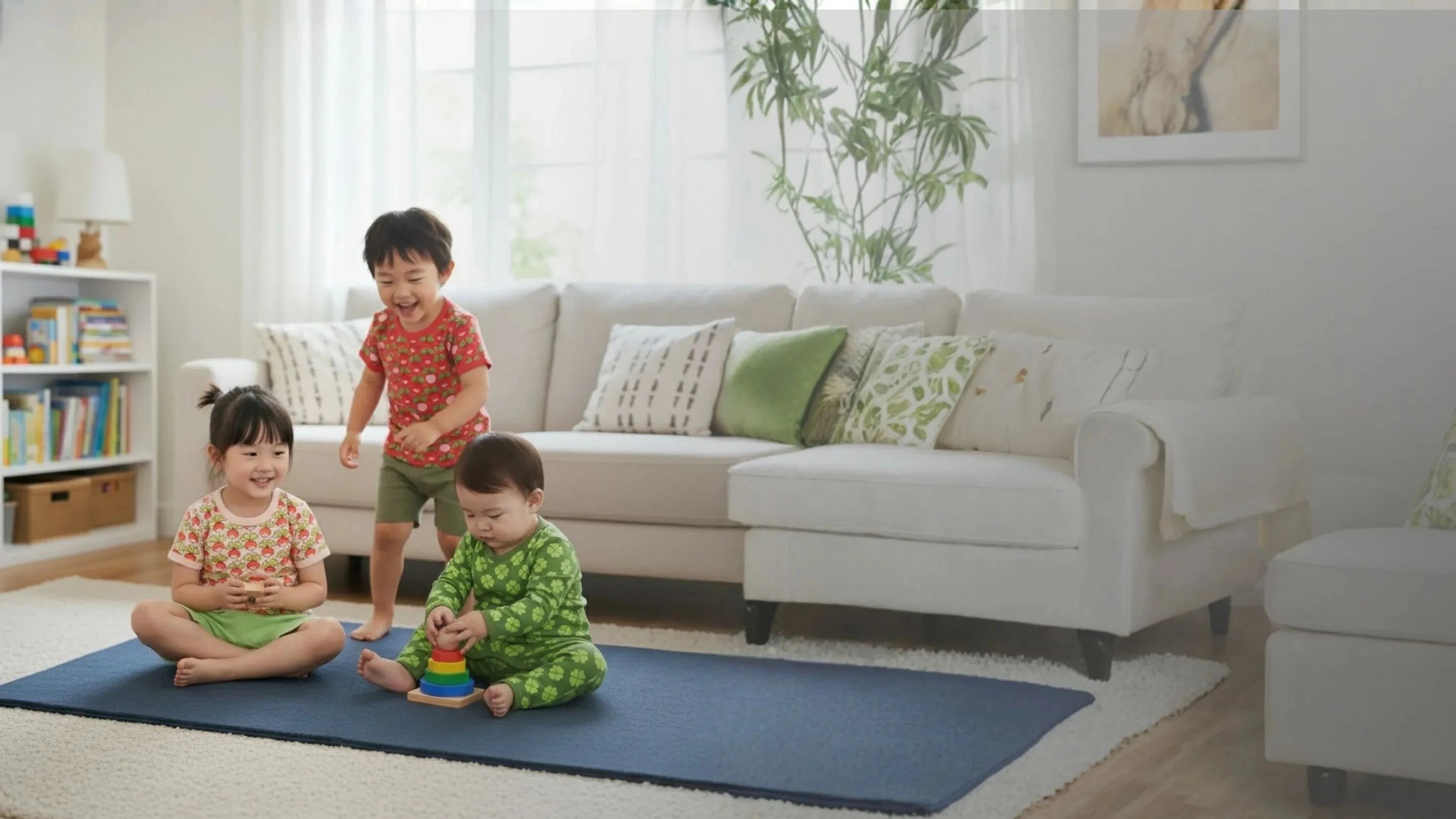 Three children playing on a blue mat in a living room.