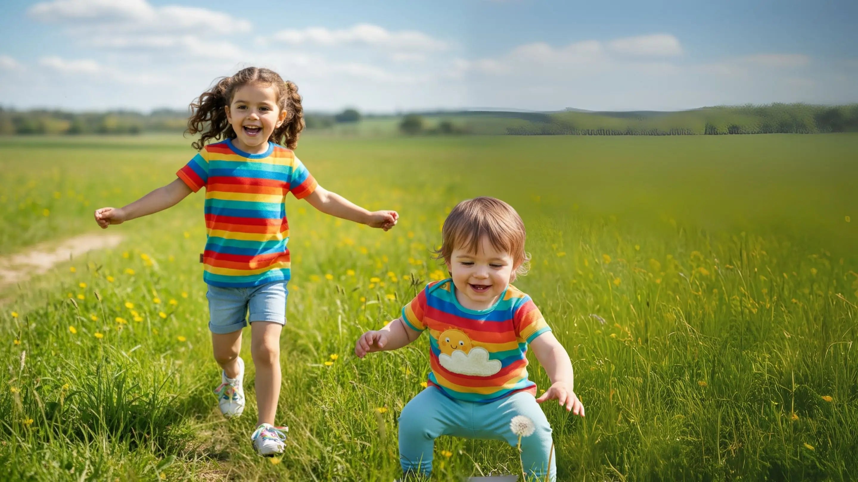 Two children in colorful striped shirts running through a grassy field.