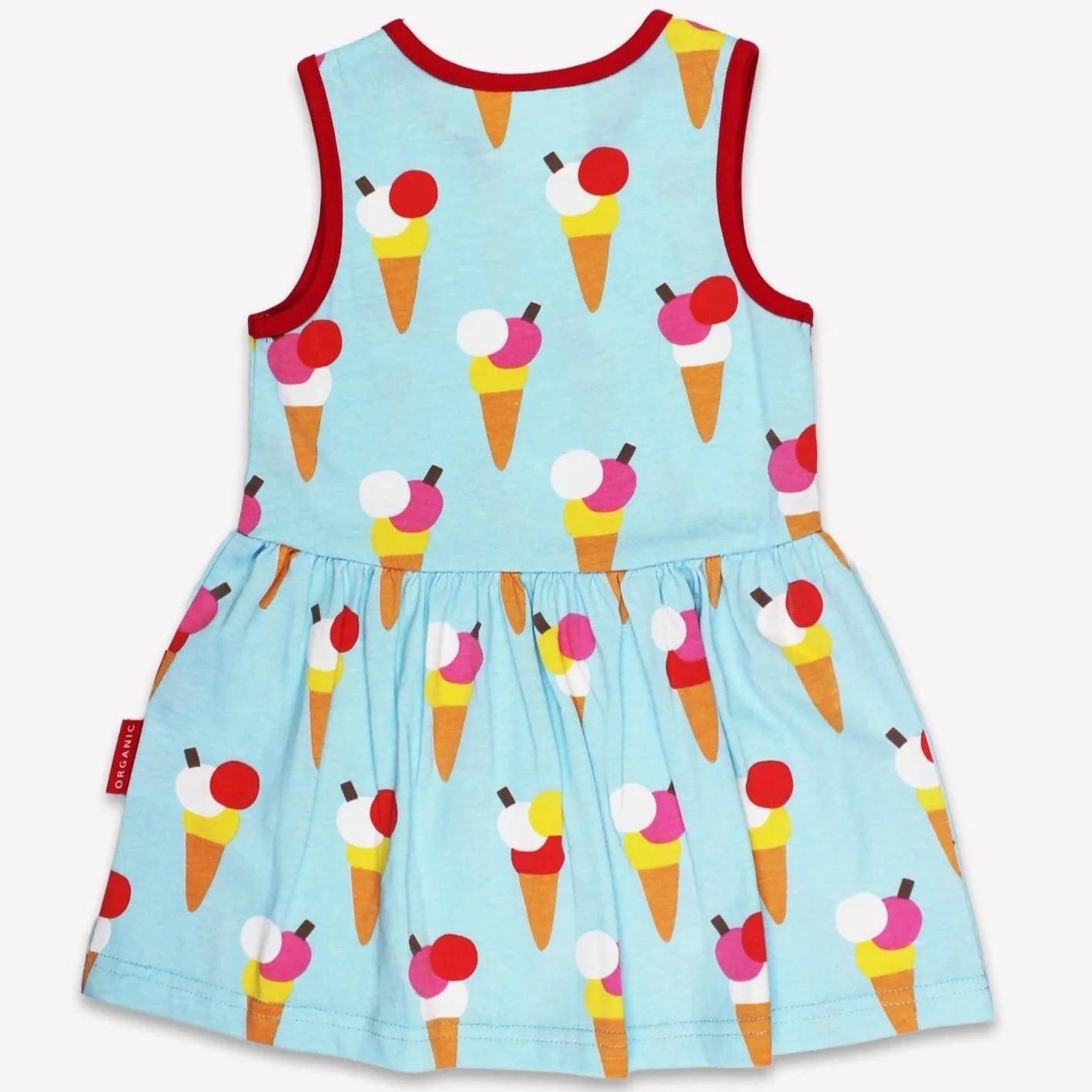 Children's dress with ice cream cone pattern on a light blue background