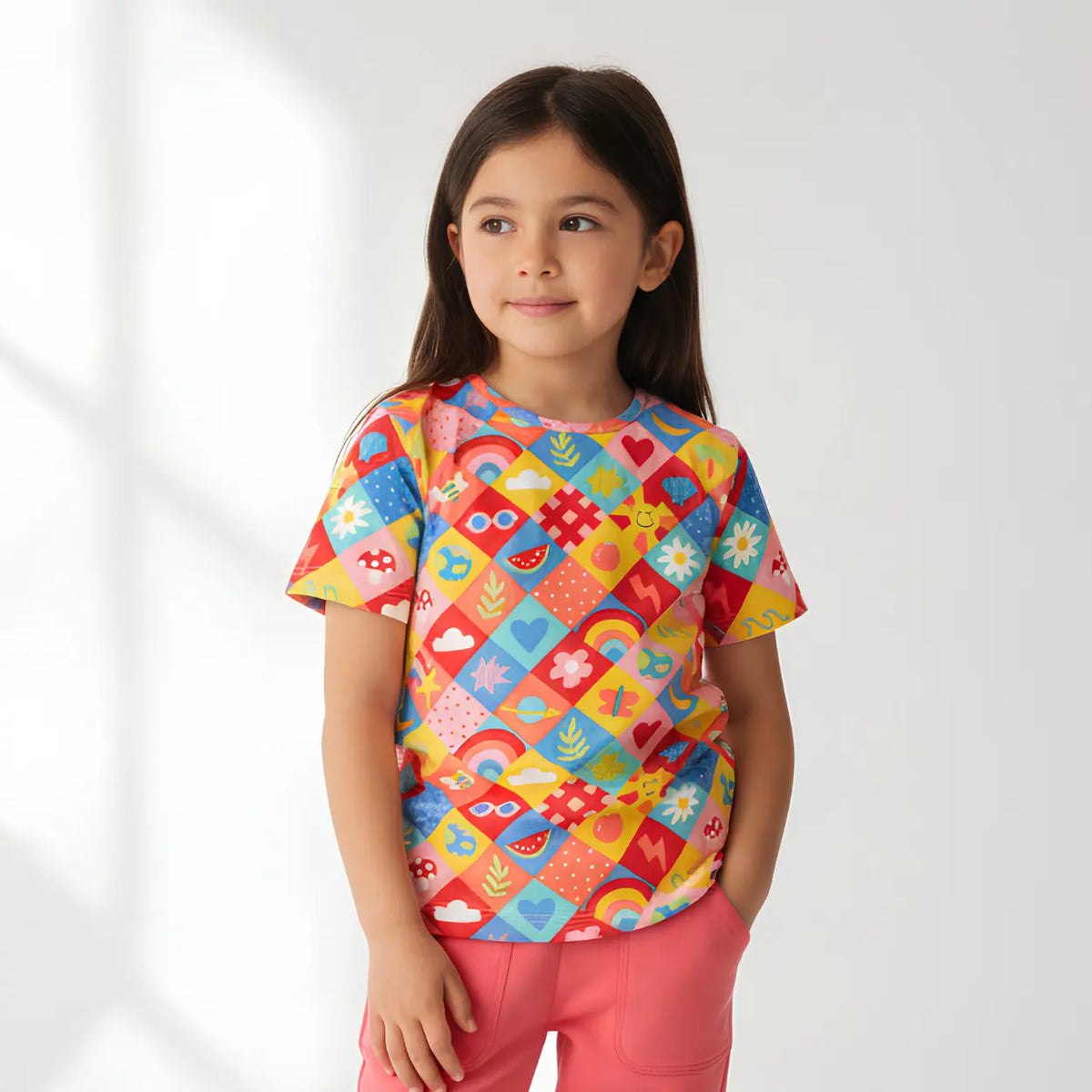 Girl wearing bright organic kids clothes