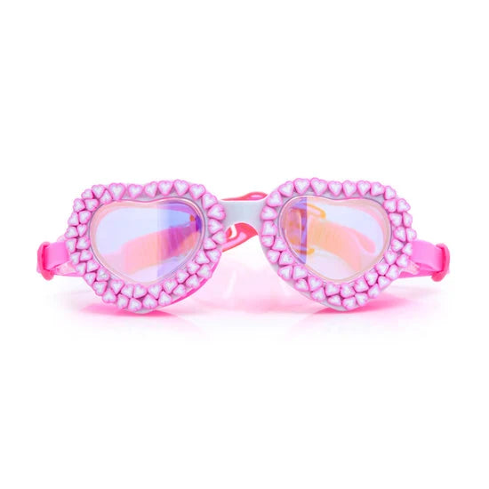 Pink swim goggles with beaded frame on a white background