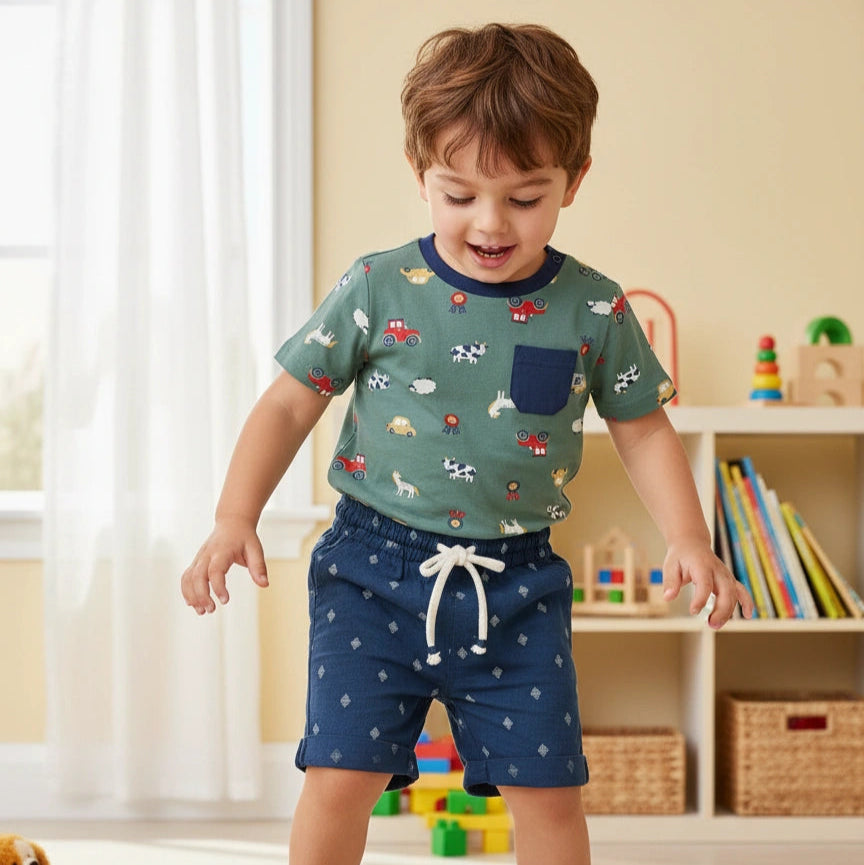Child playing with toy cars in a room with toys and books in the background