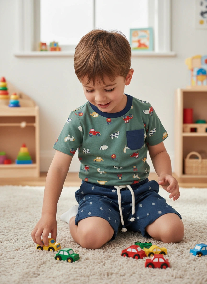 Child playing with toy cars on a carpeted floor in a room with shelves and toys.