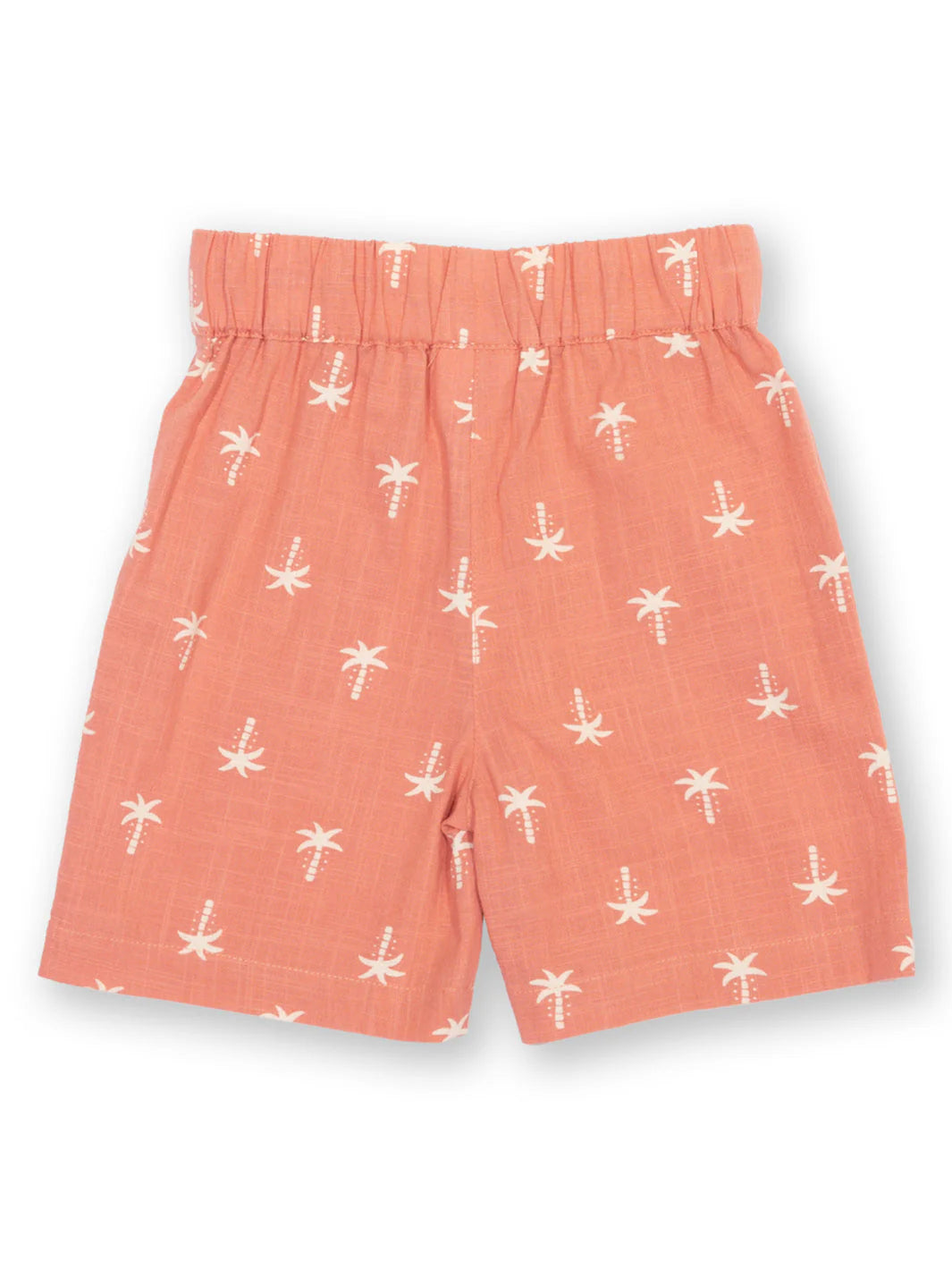 Coral shorts with white palm tree pattern on a white background