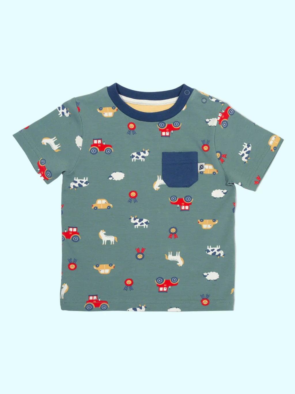 Children's t-shirt with animal and vehicle pattern on a white background
