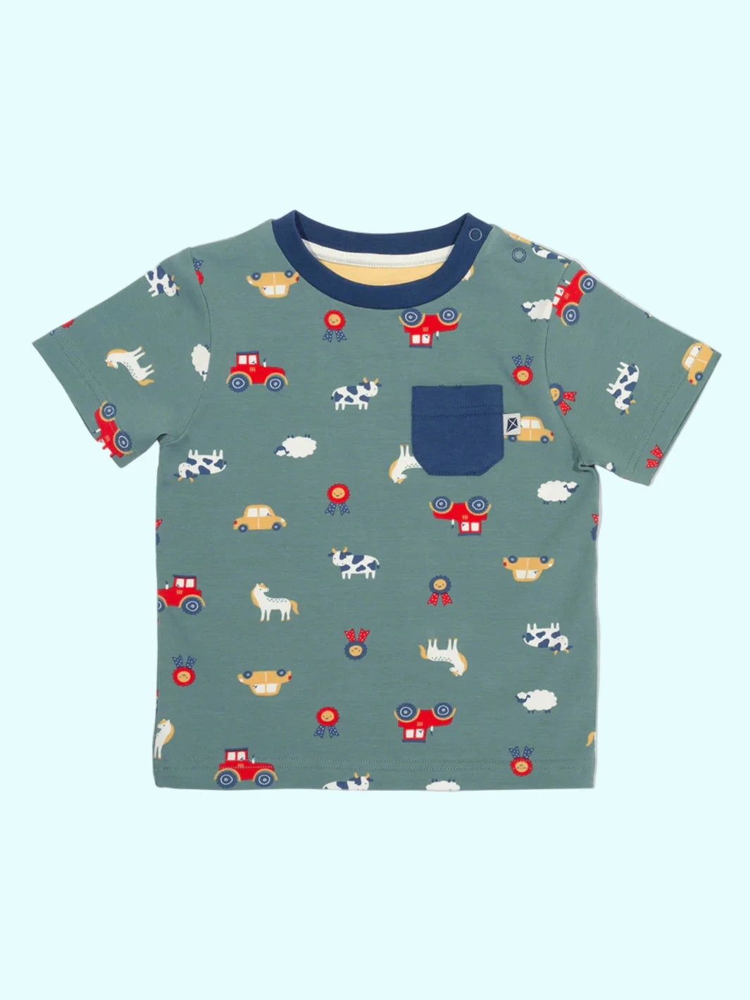 Children's t-shirt with animal and vehicle pattern on a white background