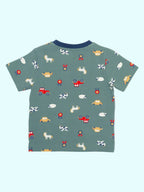Children's t-shirt with animal and vehicle pattern on a white background