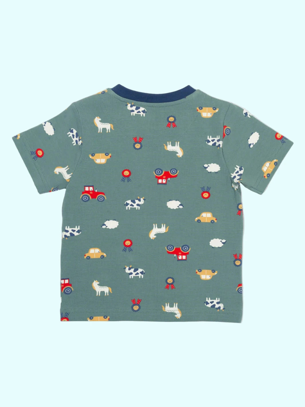 Children's t-shirt with animal and vehicle pattern on a white background