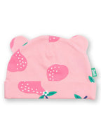 Pink baby hat with bear design on a white background