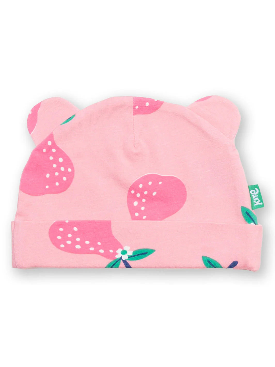 Pink baby hat with bear design on a white background