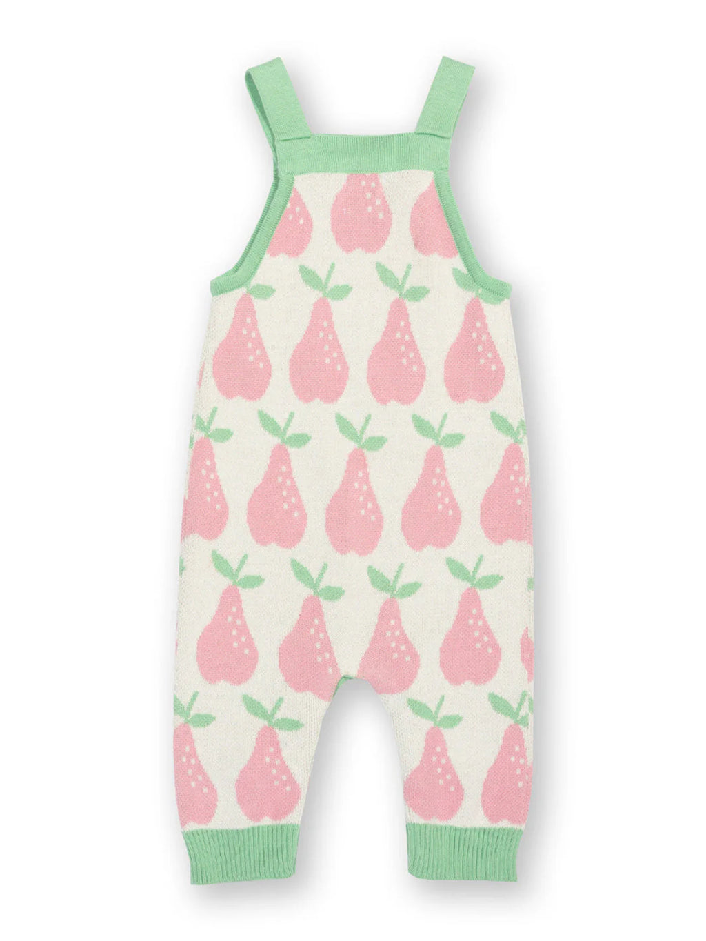 Children's overalls with pink pear pattern on a white background