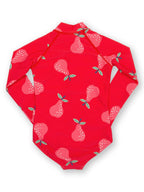 A red long sleeve kite swimsuit with pears