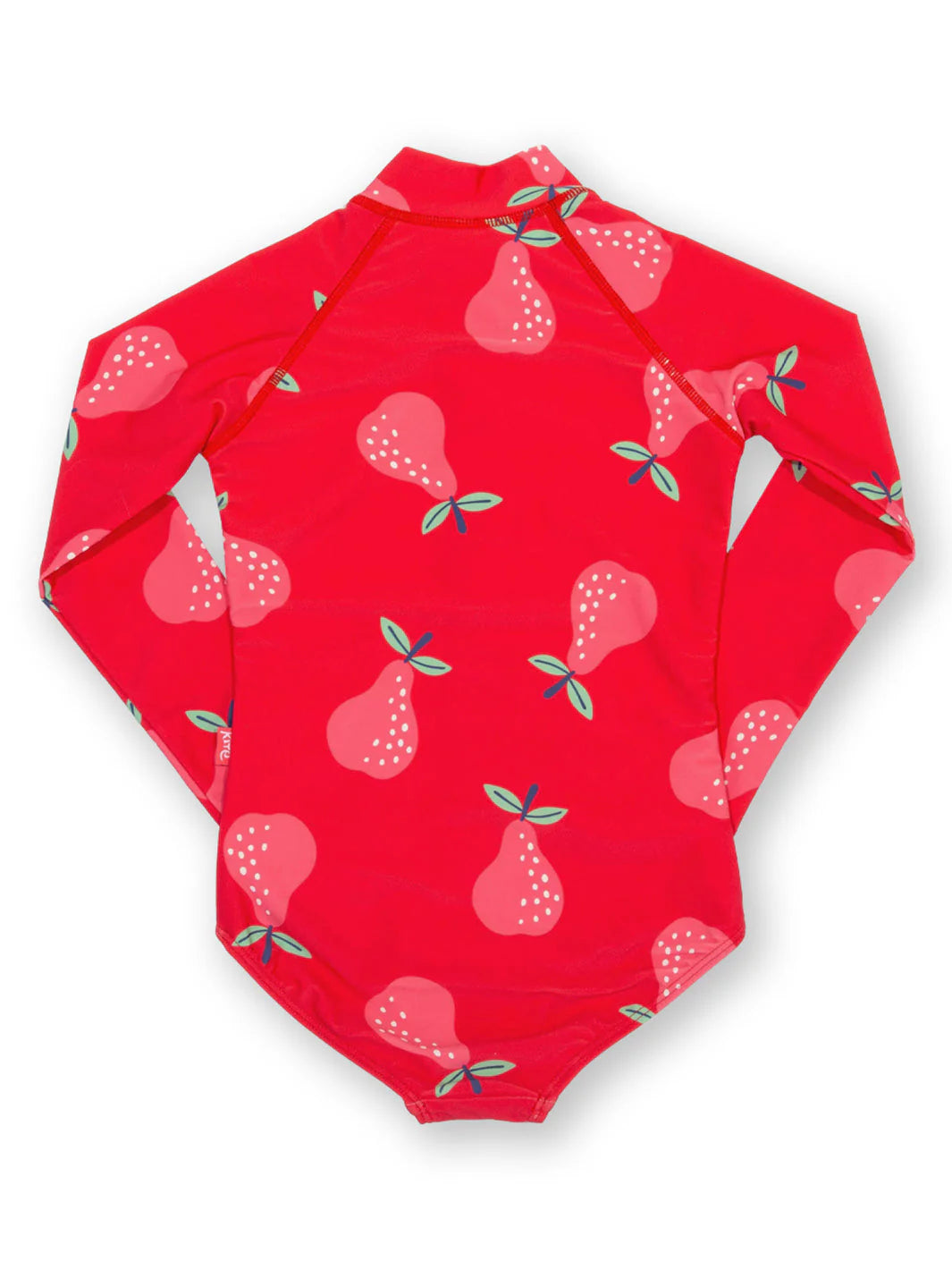 A red long sleeve kite swimsuit with pears