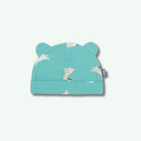 Teal baby hat with bear ears and animal prints on a white background