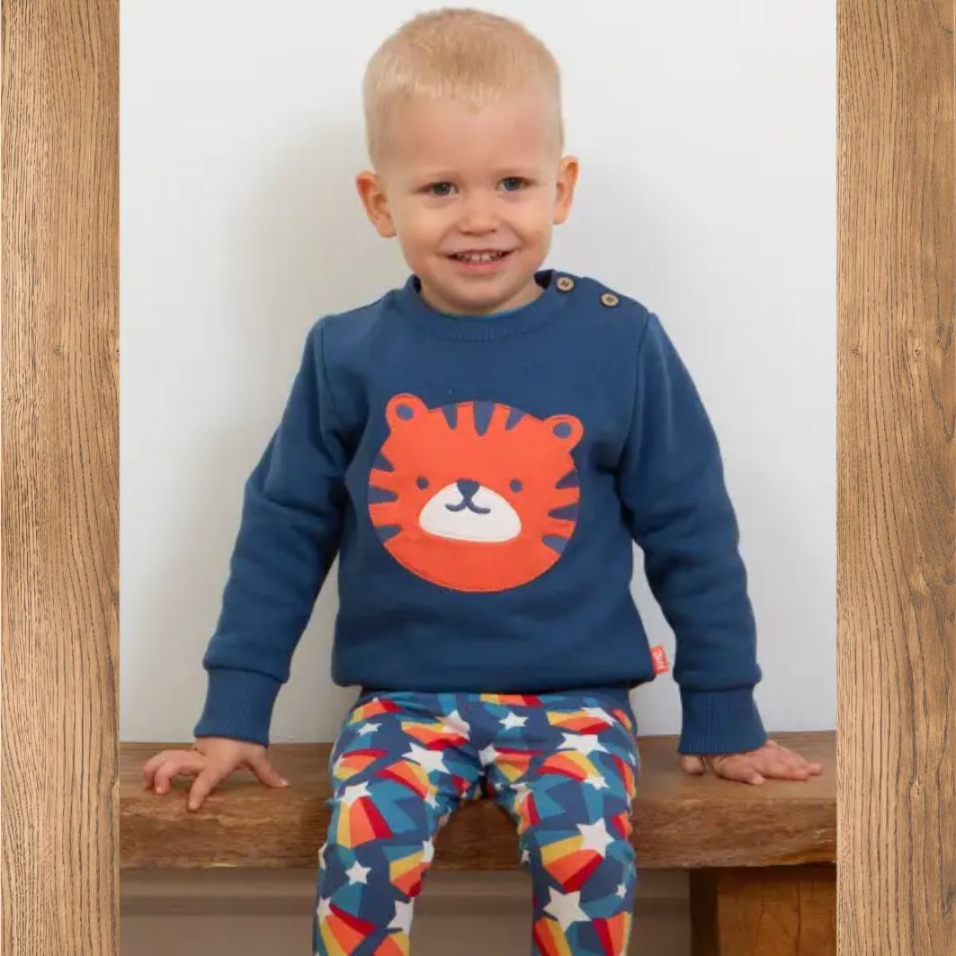 Child wearing a blue sweater with a lion design and colorful pants sitting on a wooden bench.