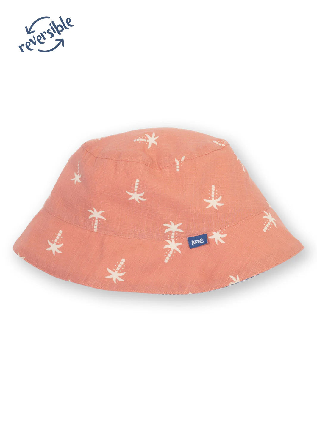 Pink bucket hat with white starfish pattern on a white background