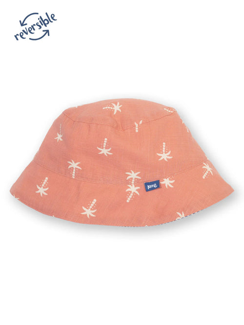 Pink bucket hat with white starfish pattern on a white background