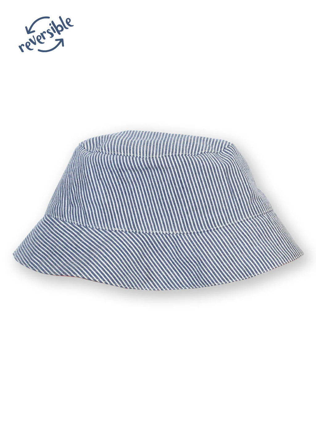 Blue and white striped bucket hat on a white background with 'reversible' label.