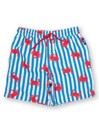 Blue and white striped swim shorts with red crab pattern on a white background