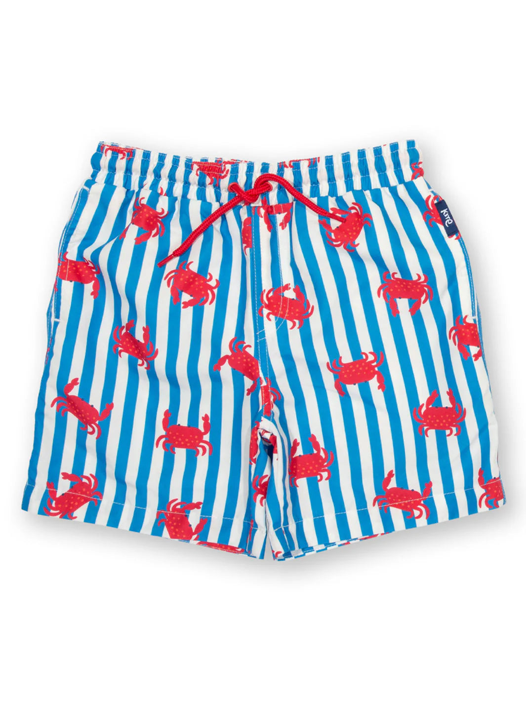 Blue and white striped swim shorts with red crab pattern on a white background