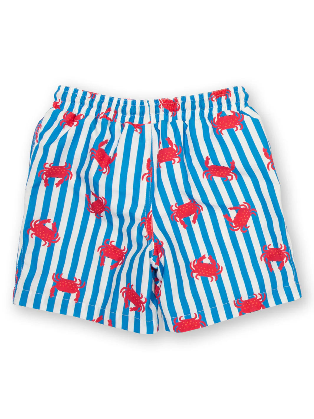 Blue and white striped shorts with red crab pattern on a white background