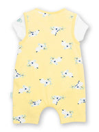 Yellow romper with airplane pattern on a white background