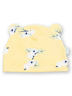 Yellow baby hat with koala designs on a white background
