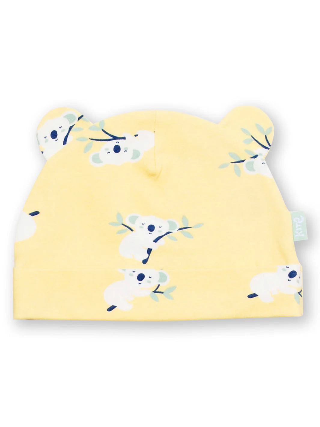 Yellow baby hat with koala designs on a white background
