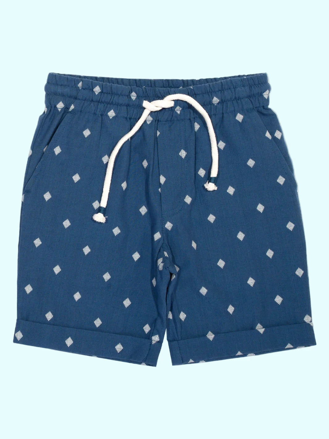 Blue shorts with white geometric pattern on a white background