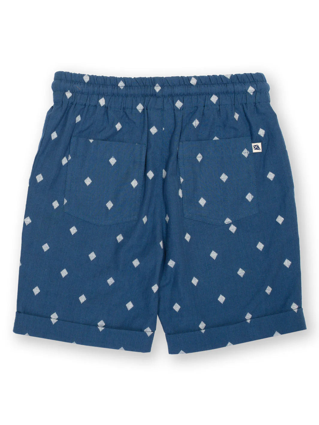 Blue shorts with white geometric pattern on a white background