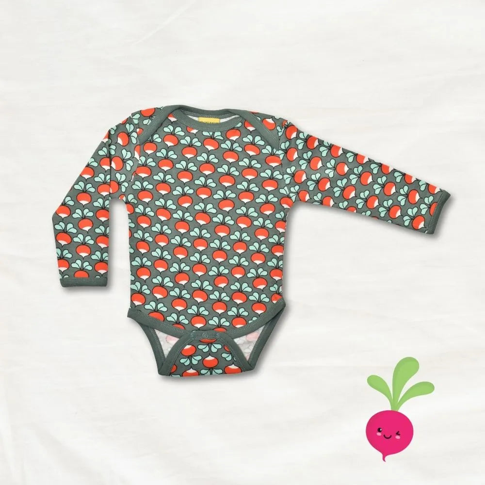 Long-sleeve baby bodysuit with strawberry pattern on a light gray background