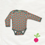 Long-sleeve baby bodysuit with strawberry pattern on a light gray background