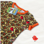 Baby romper with bird and berry pattern on a white background
