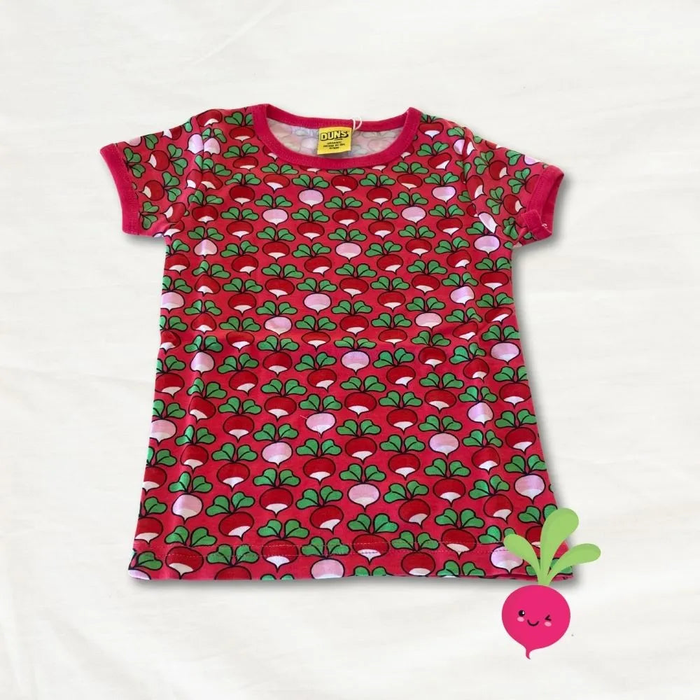 Red dress with vegetable pattern on a white background